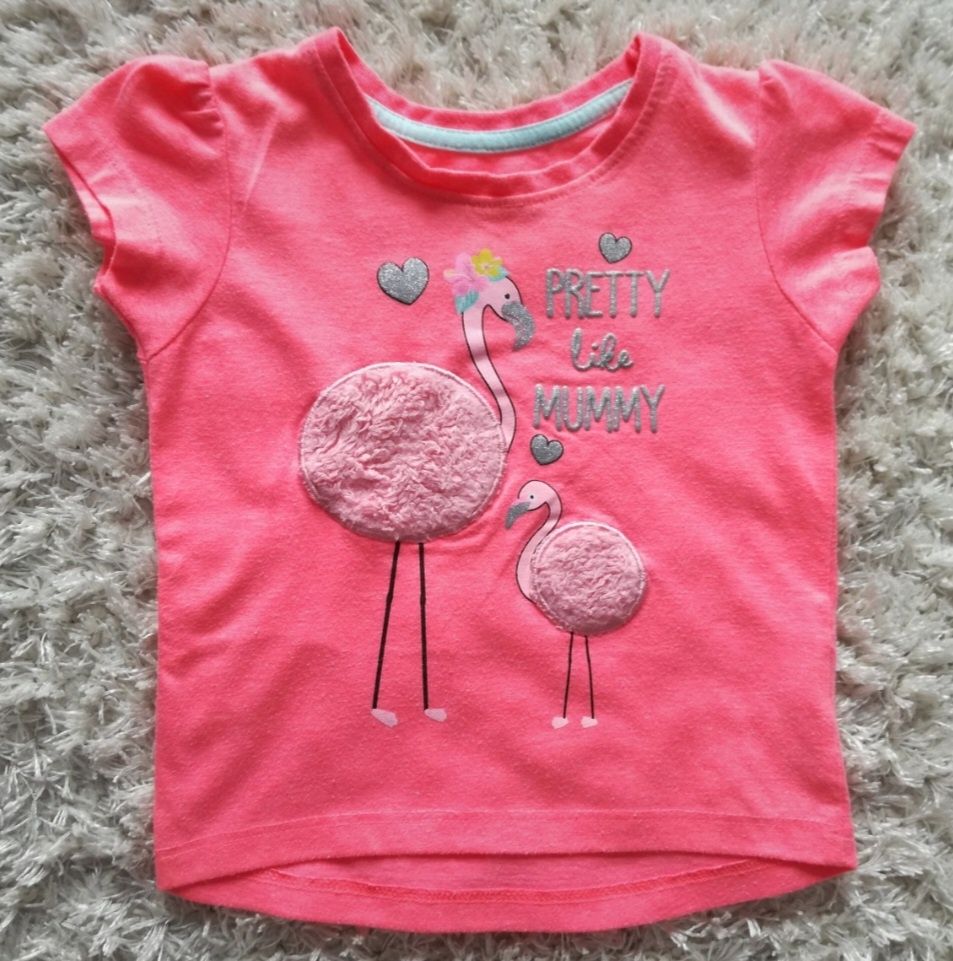 Śliczny koralowy t-shirt dziewczęcy z flamingem, rozmiar 86