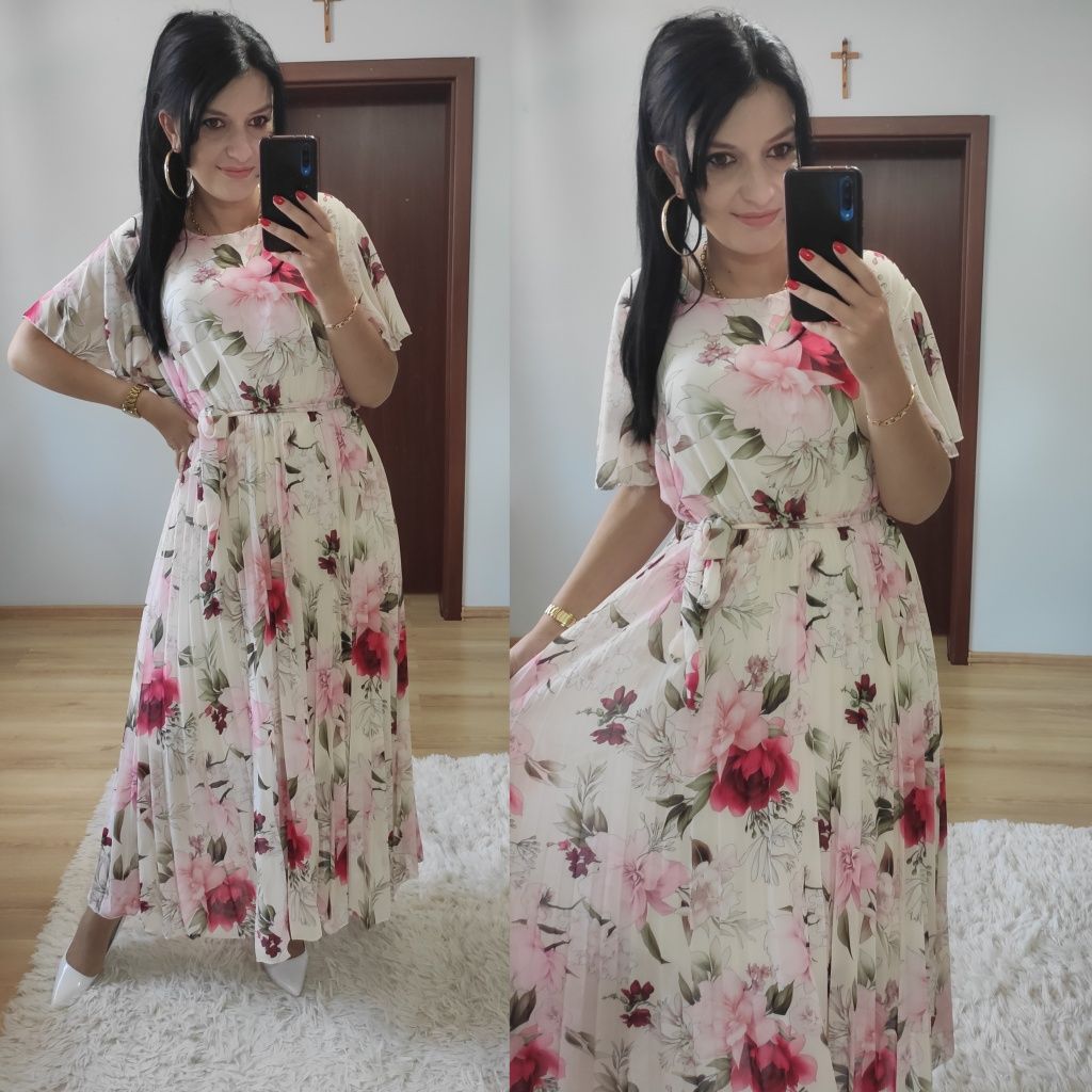 Sukienki długie maxi w kwiaty plisowany dół wesele impreza chrzciny