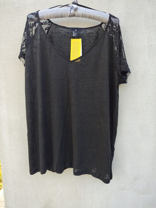Lniany t-shirt bluzka koszulka lniana oversize z koronką czarna  40 L