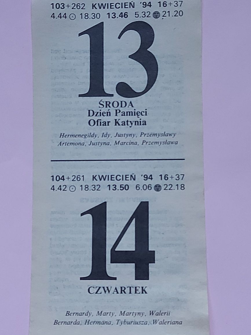 Stara kartka z kalendarza 1994rok