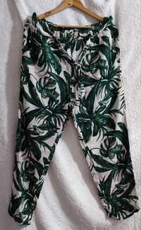 Zielone, letnie spodnie z wysokim stanem z motywem liści H&M r.XL