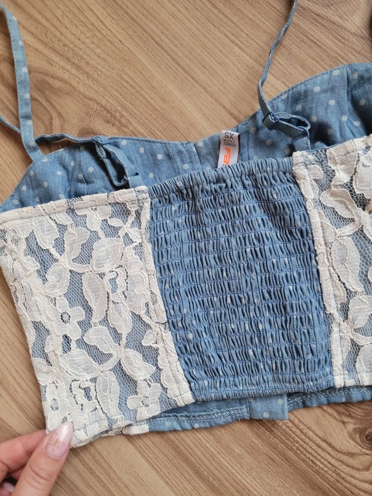 Bawełniany crop top z koronką sexy pin up dots bardotka kropeczki XS S