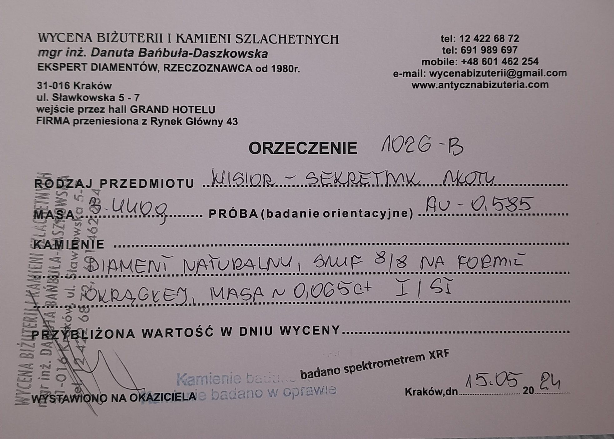 Medalion Antyk Złoto 585 Diament Wisior Certyfikat