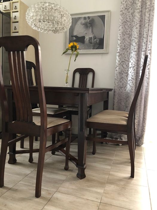 Stół secesyjny komplet + 6 krzeseł drewniany antyk