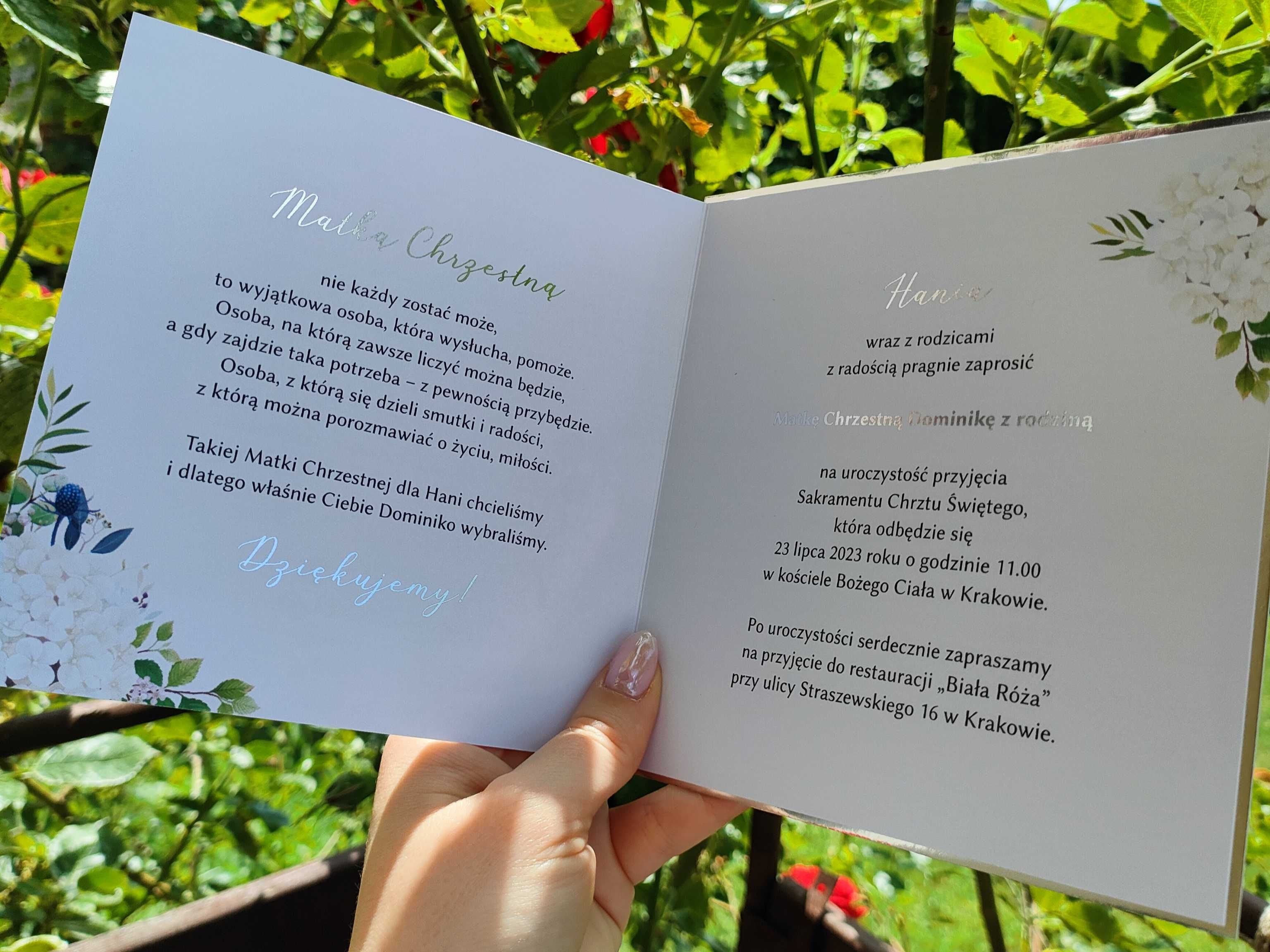 Zaproszenie dla matki chrzestnej na Chrzest Święty srebrne litery