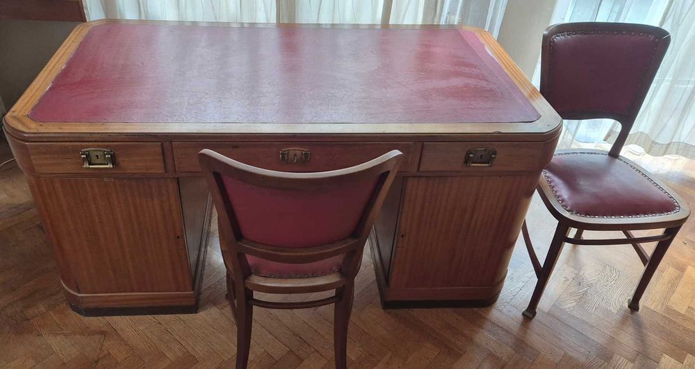 Zabytkowe 100-letnie biurko z 2 krzesłami - palisander