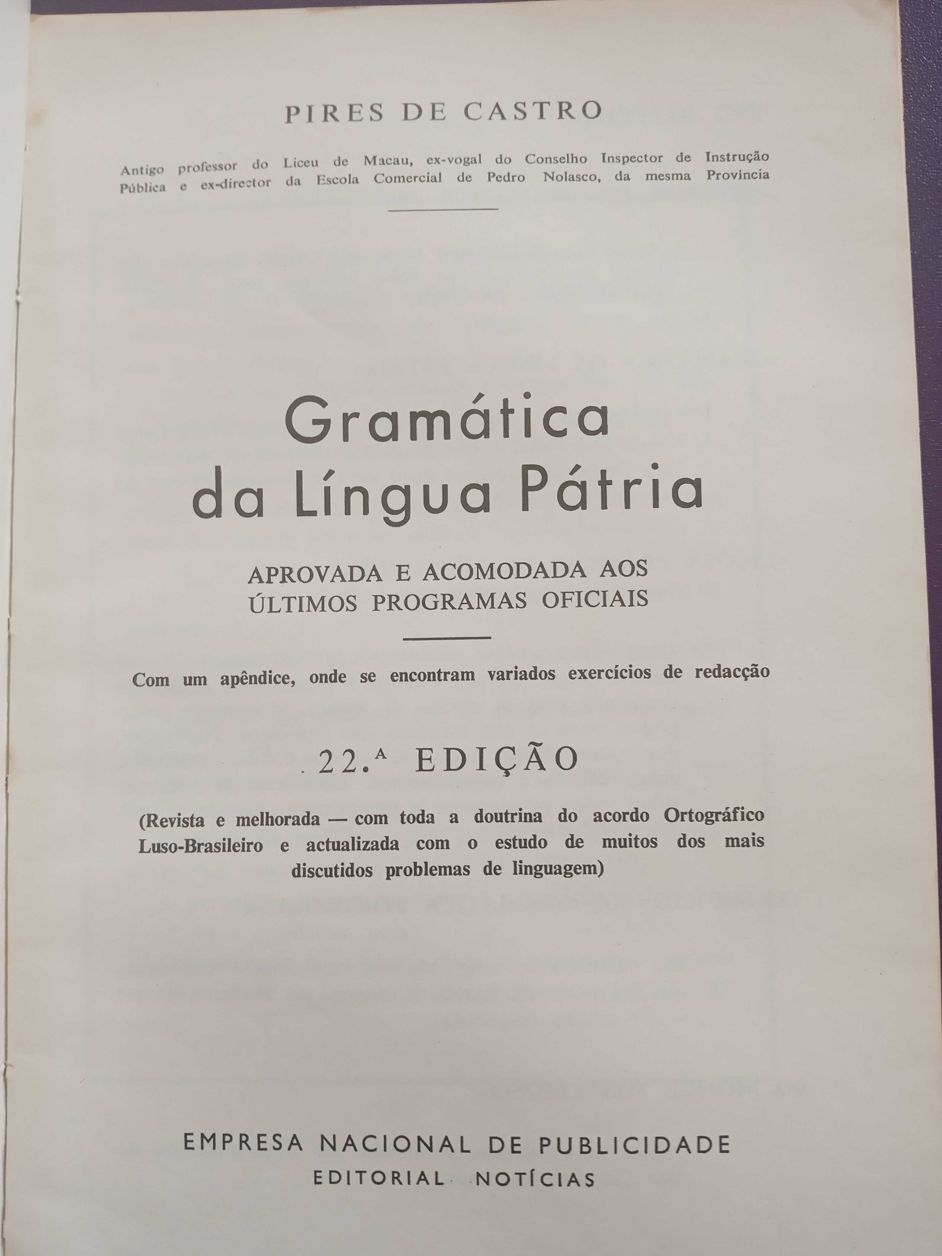 Gramática da Língua Pátria 22 edição Pires de Castro anos 60/70