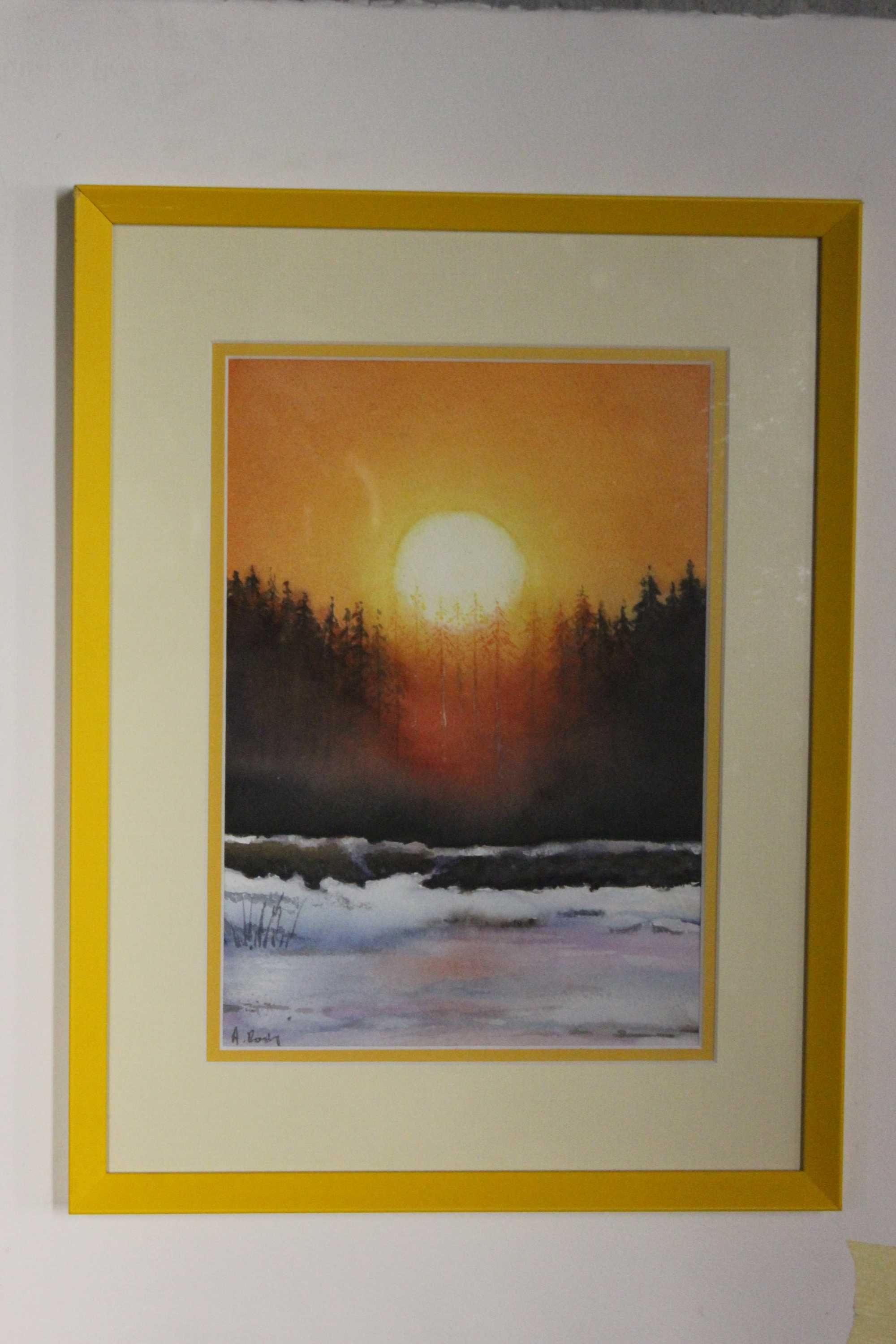 obraz akwarela zachód słońca mróz las jezioro