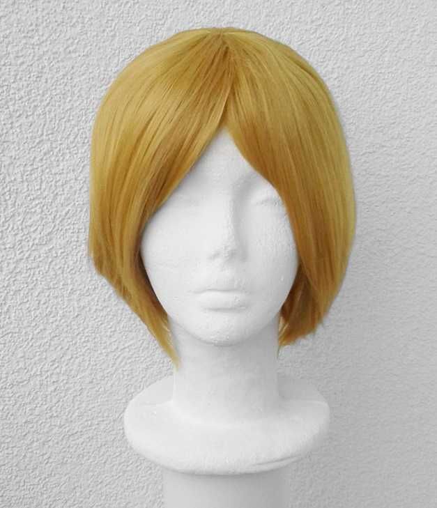 Krótka żółta złota peruka bob męska z grzywką cosplay wig żółty krótki