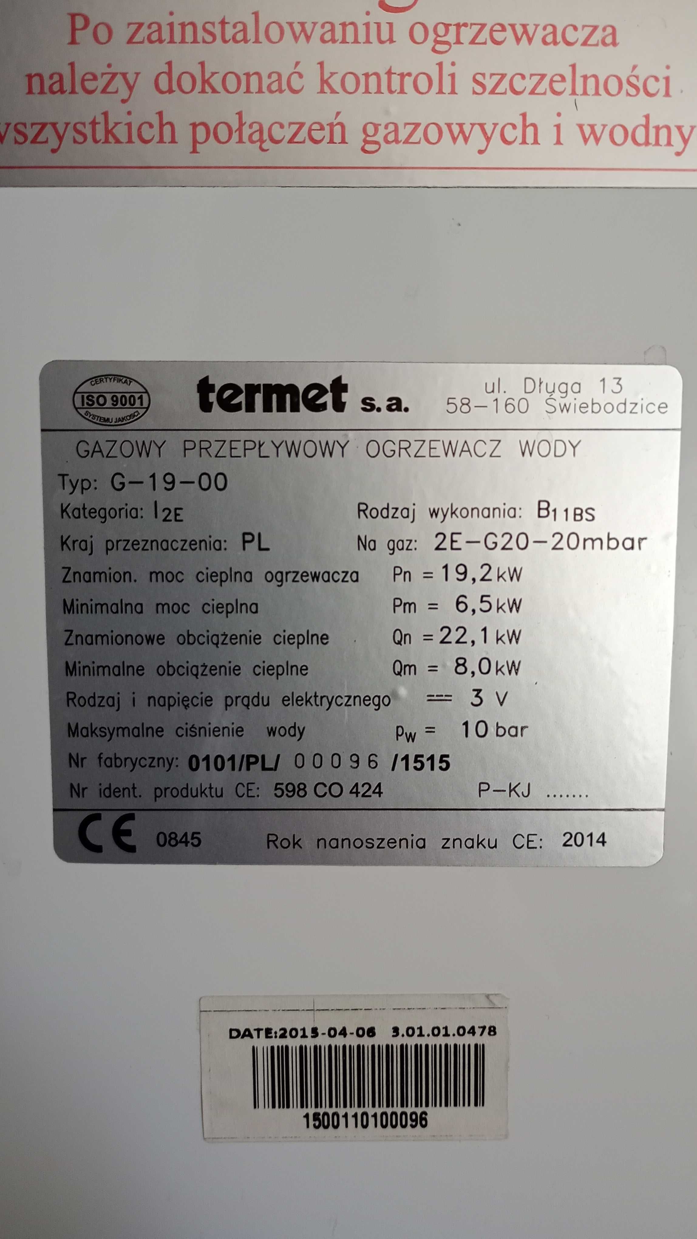 Podgrzewacz GAZOWY do wody "Termet" .