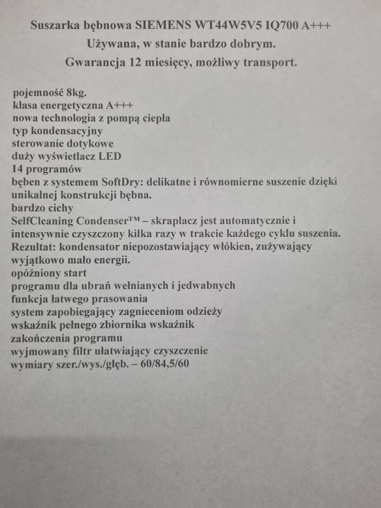 Suszarka kondensacyjna Siemens iQ700 WT44W5V5 z pompą ciepła