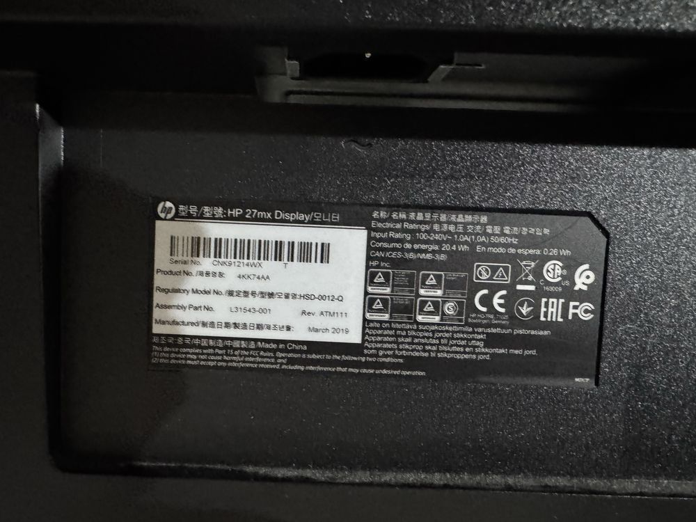 Monitor HP 27mx ecra danificado