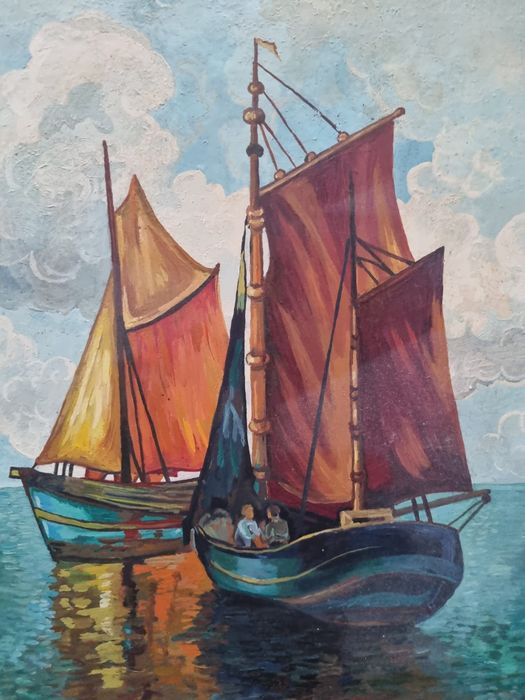 Żaglówki stary obraz olejny