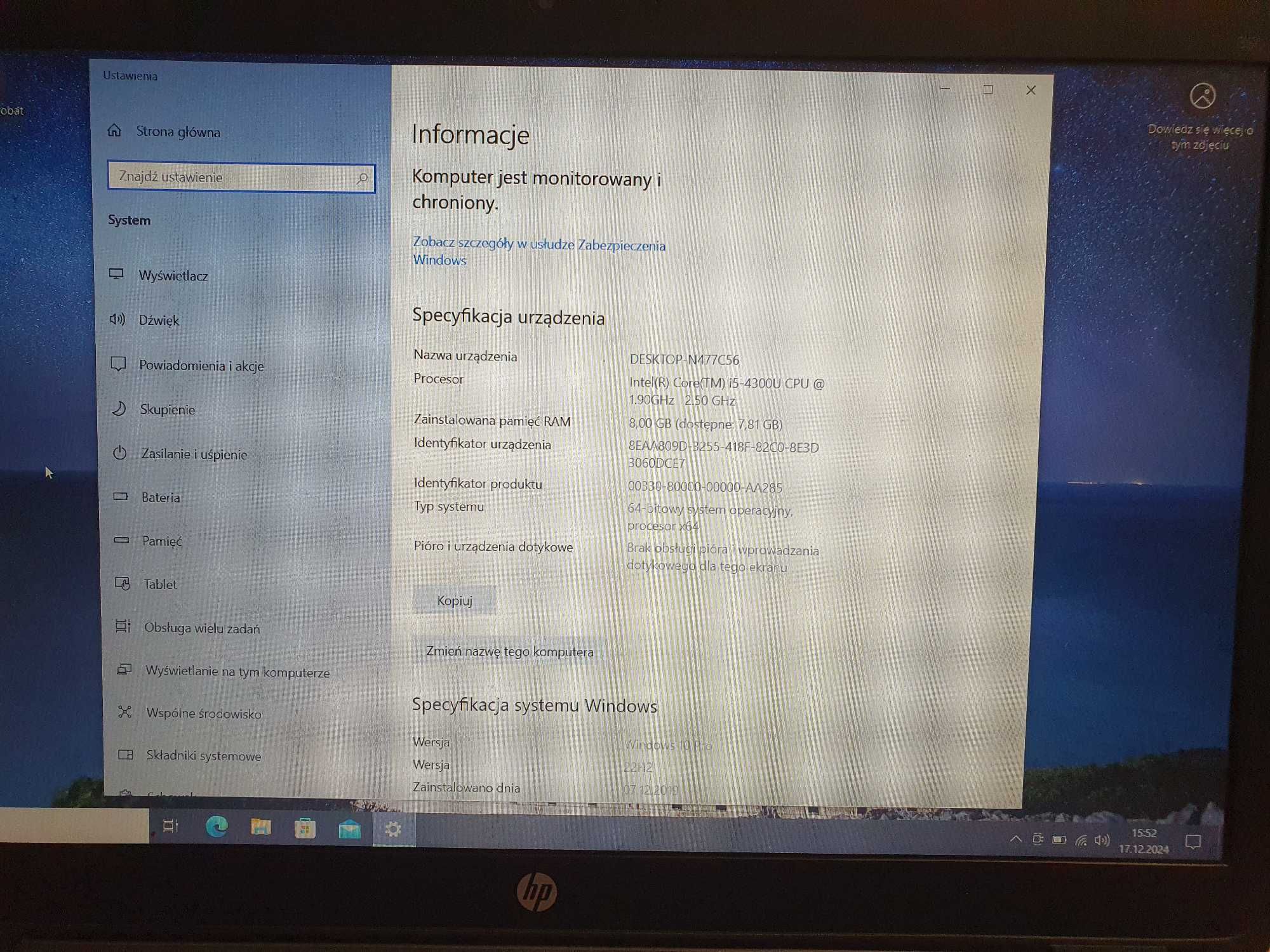 HP 850 i5 4x2,2GHz 8GB SSD 256GB 15,6" FULL HD W11 GW FV nowa bateria