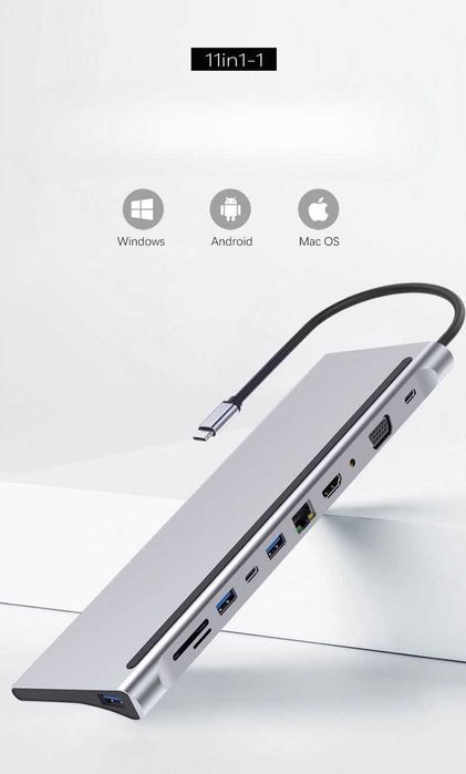 USB Type-C Hub 11 в 1 підставка HDMI HDTV SD TF RJ45 VGA AUX кардрідер