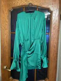 Платье зеленое zara шелк нарядное мини новый год сукня