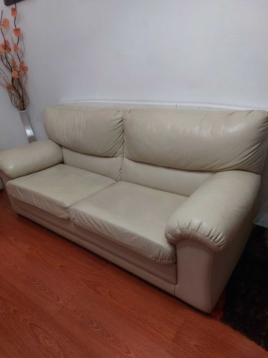Conjunto de 2 Sofás em Pele Genuína Bege – 3 e 2 Lugares