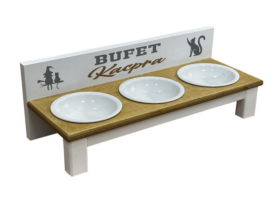 3 Miski ceramiczne dla kotów na stojaku + Twój nadruk - Biały + BUK