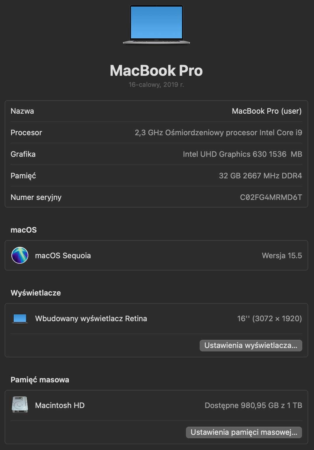 MacBook Pro 16" Intel i9, 32GB RAM DDR4 1TB HDD Touchbar