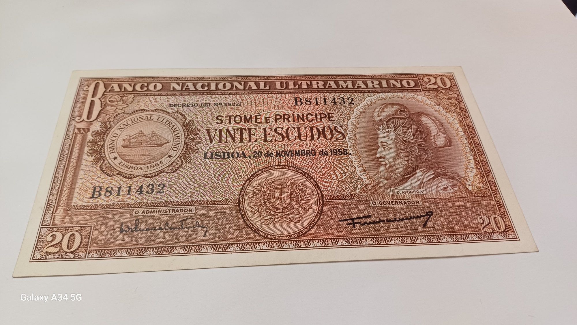 S° Tomé e Príncipe UNC nova ESCASSA 20 escudos 1958