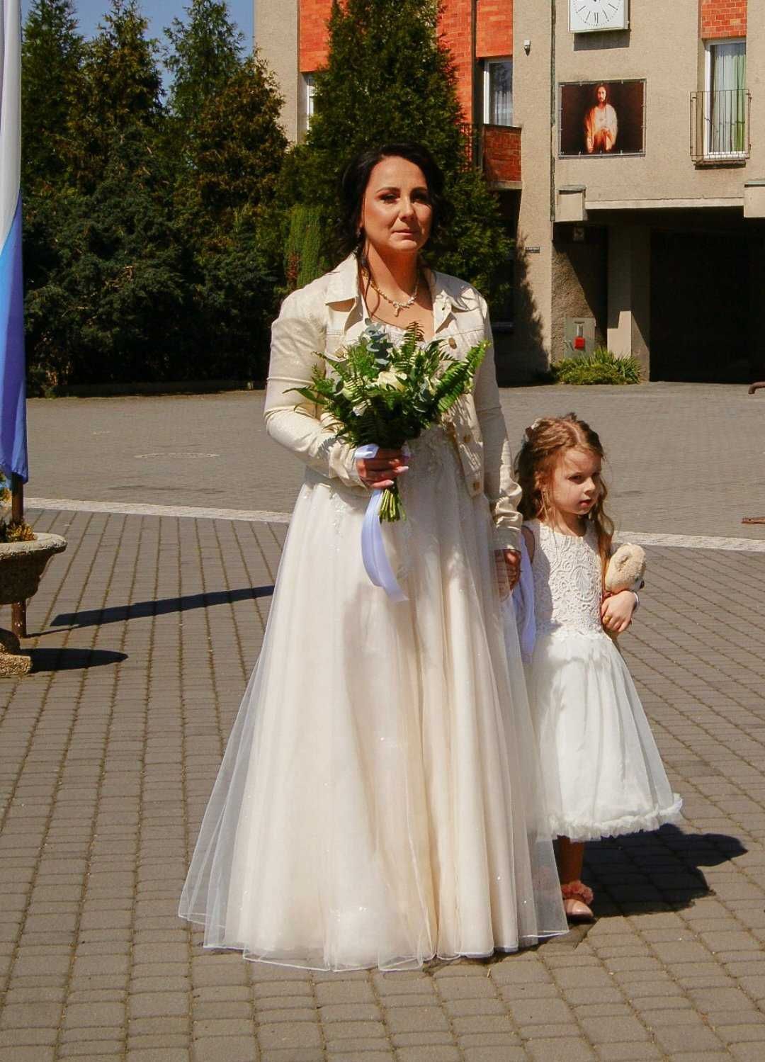 Suknia ślubna,hiszpanka z rozcięciem, Cloo kolor brzoskwiniowy