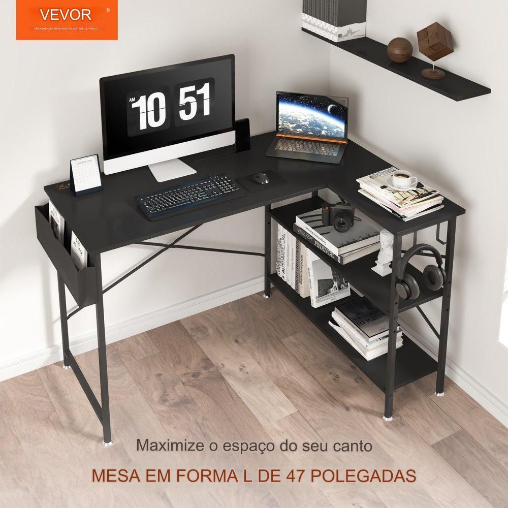 Mesa em forma de L  - preta, 1200x890x760mm