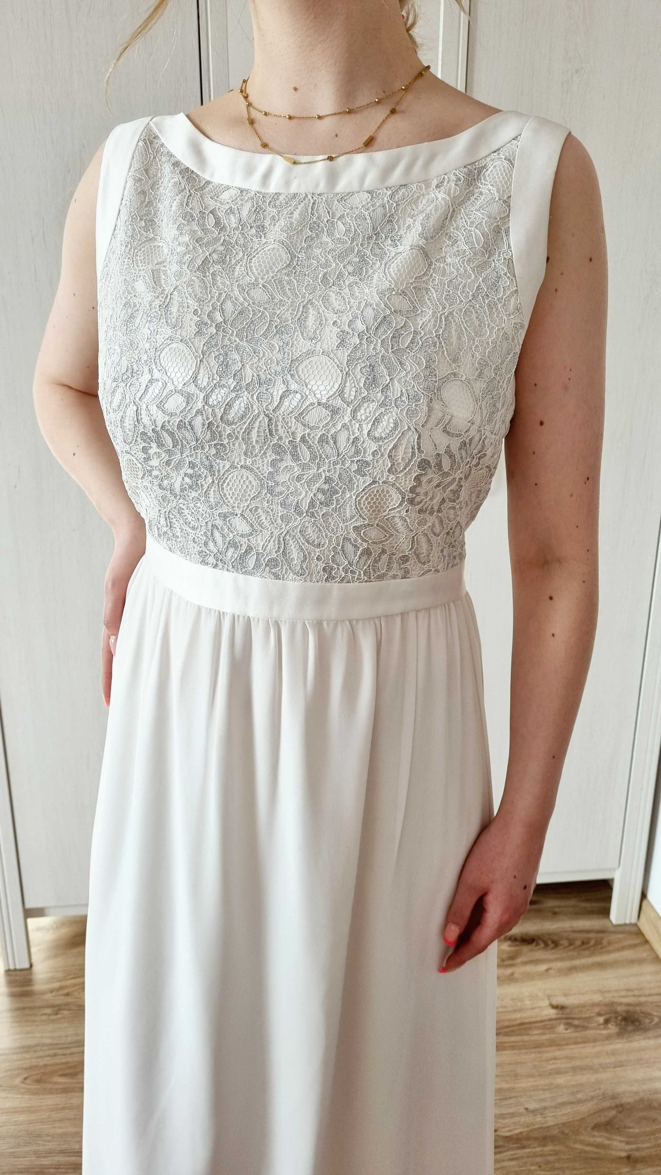 biała suknia ślubna, srebrna góra, prosta boho XL 42 Swing
