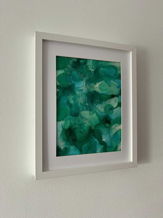 Pintura abstrata em acrílico em tons de verde e azul