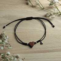 Bransoletka serce drewno egzotyczne MERBAU srebro 925 czarny sznurek