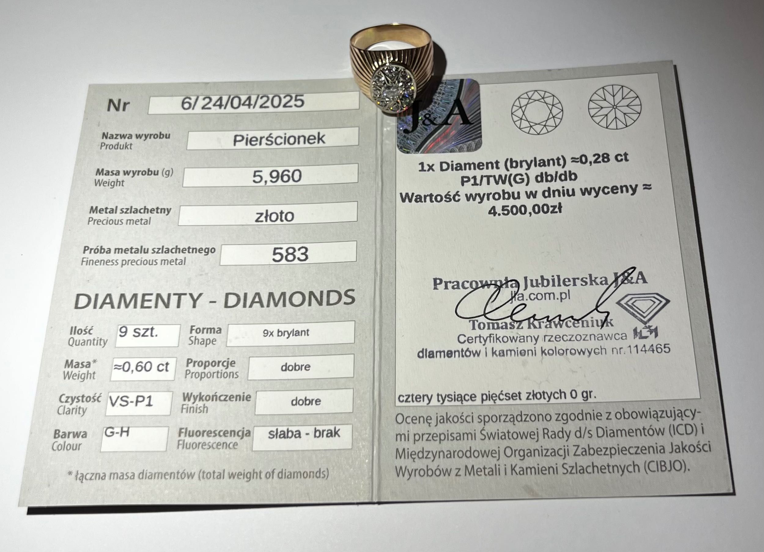 Złoty pierścionek z brylantami – certyfikat
