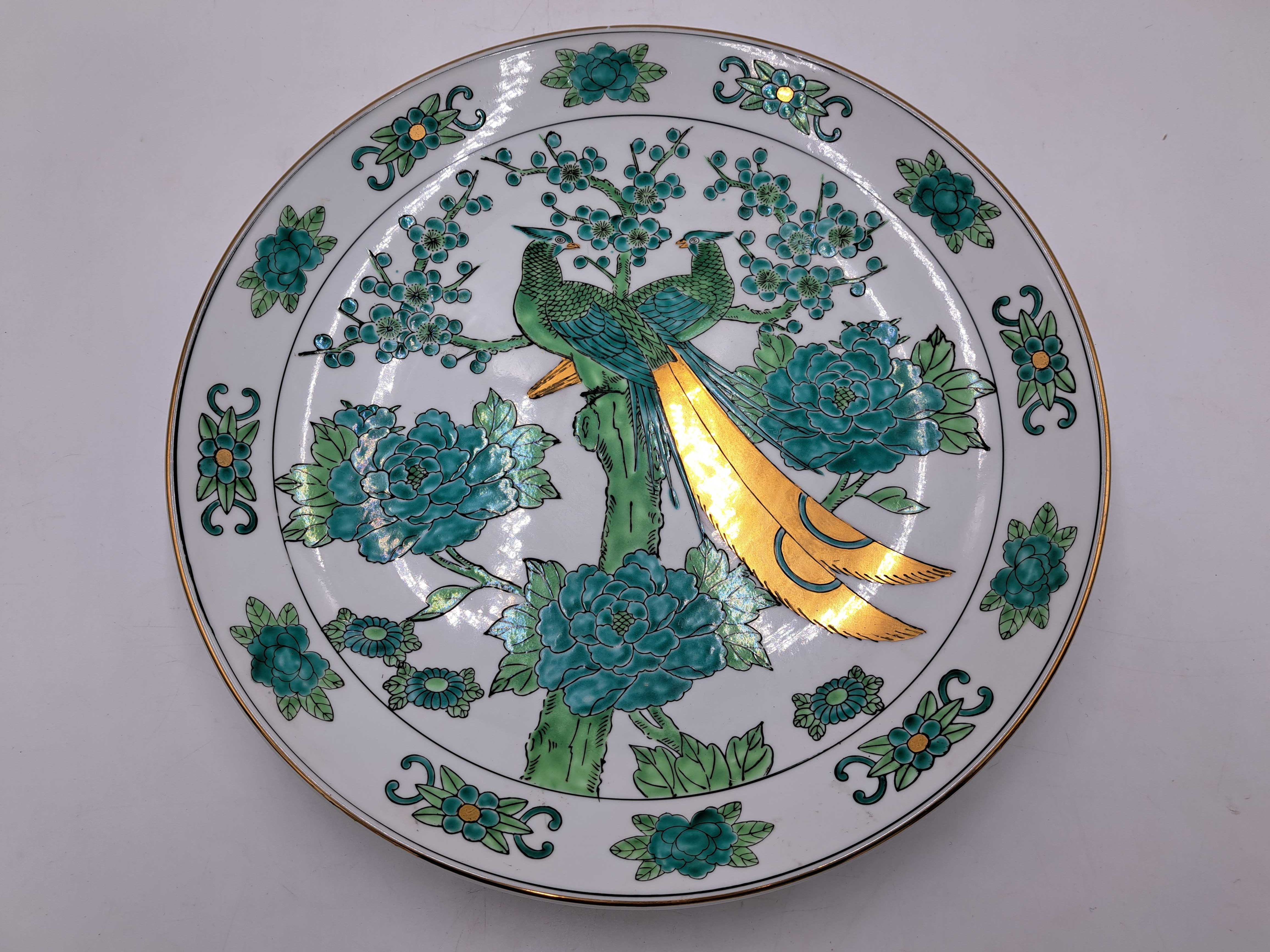 Talerz na ścianę patera Gold Imari Hand Painted zielony paw złocenia