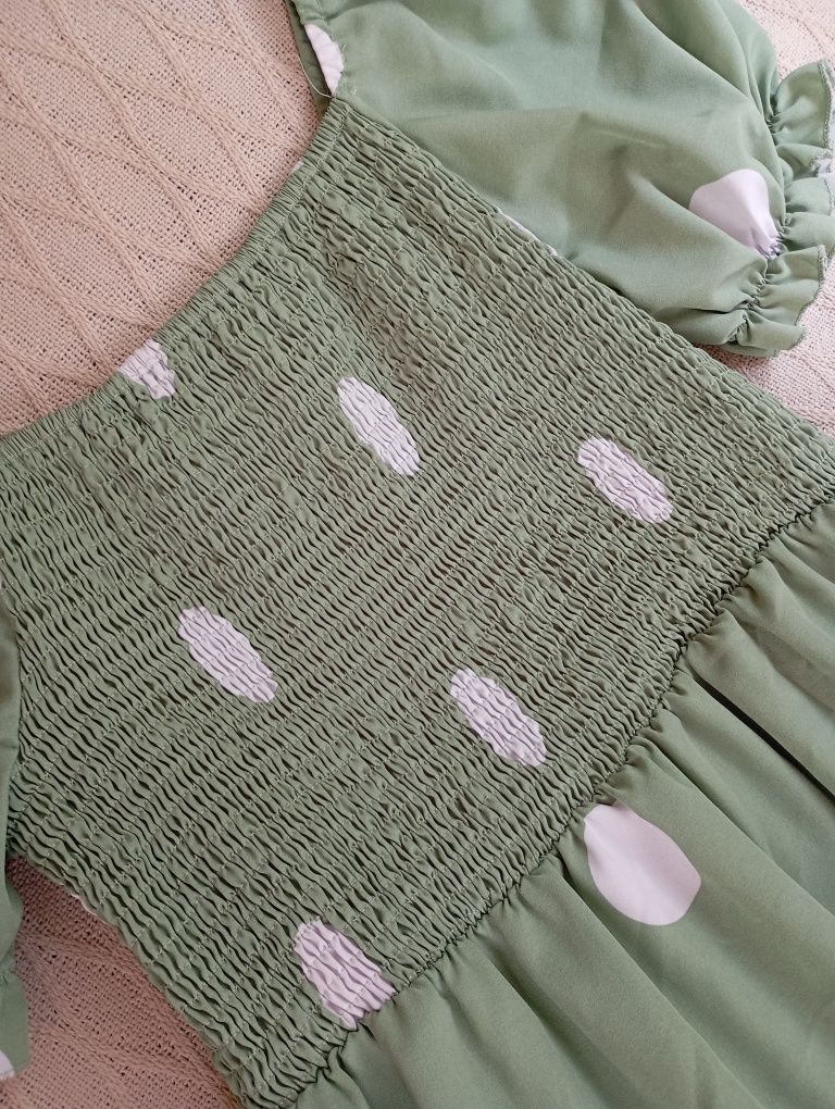 SHEIN M-XL śliczna miętowa sukienka midi w groszki bufiasty rękaw