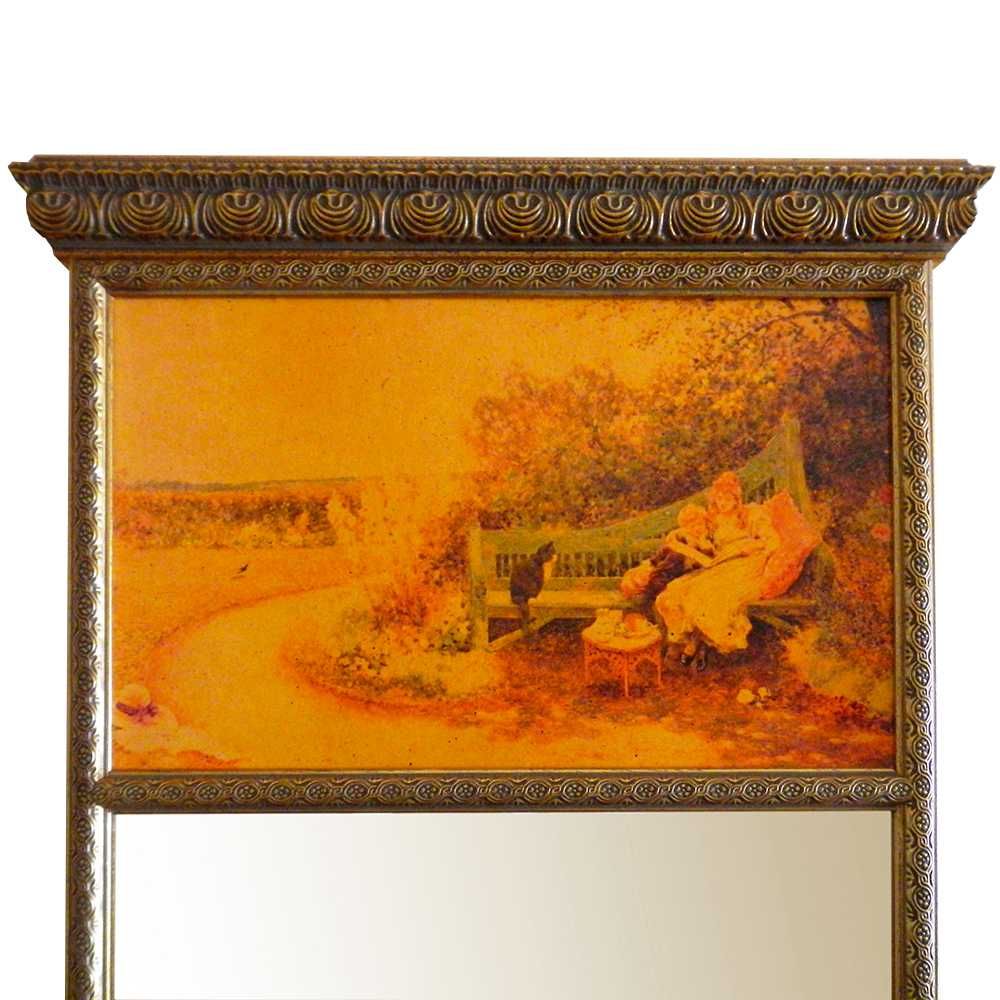 Espelho parede moldura madeira entalhada dourada encimado c/ pintura