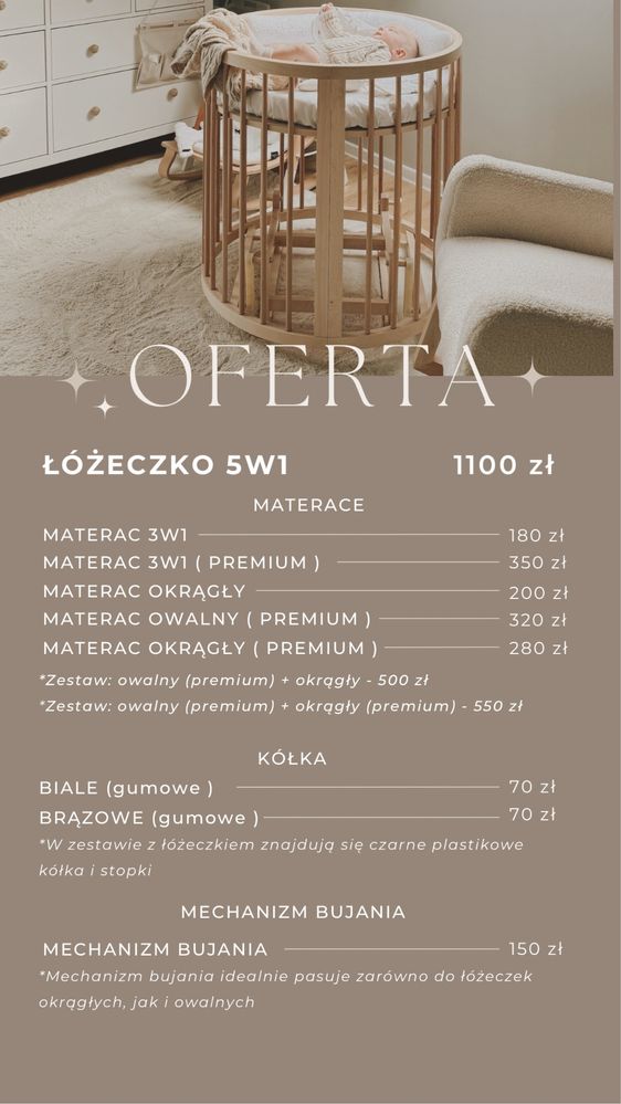 Łóżeczko dziecięce Transformer 5w1 ( okrągłe, owalne, przewijak )