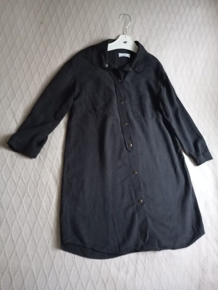 ZARA 13-14lat stylowa prosta czarna sukienka koszulowa lyocell