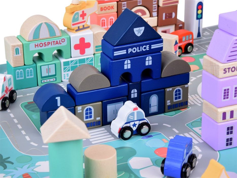 Pastelowy Zestaw Klocki drewniane Miasteczko + Mata puzzle 115 ele