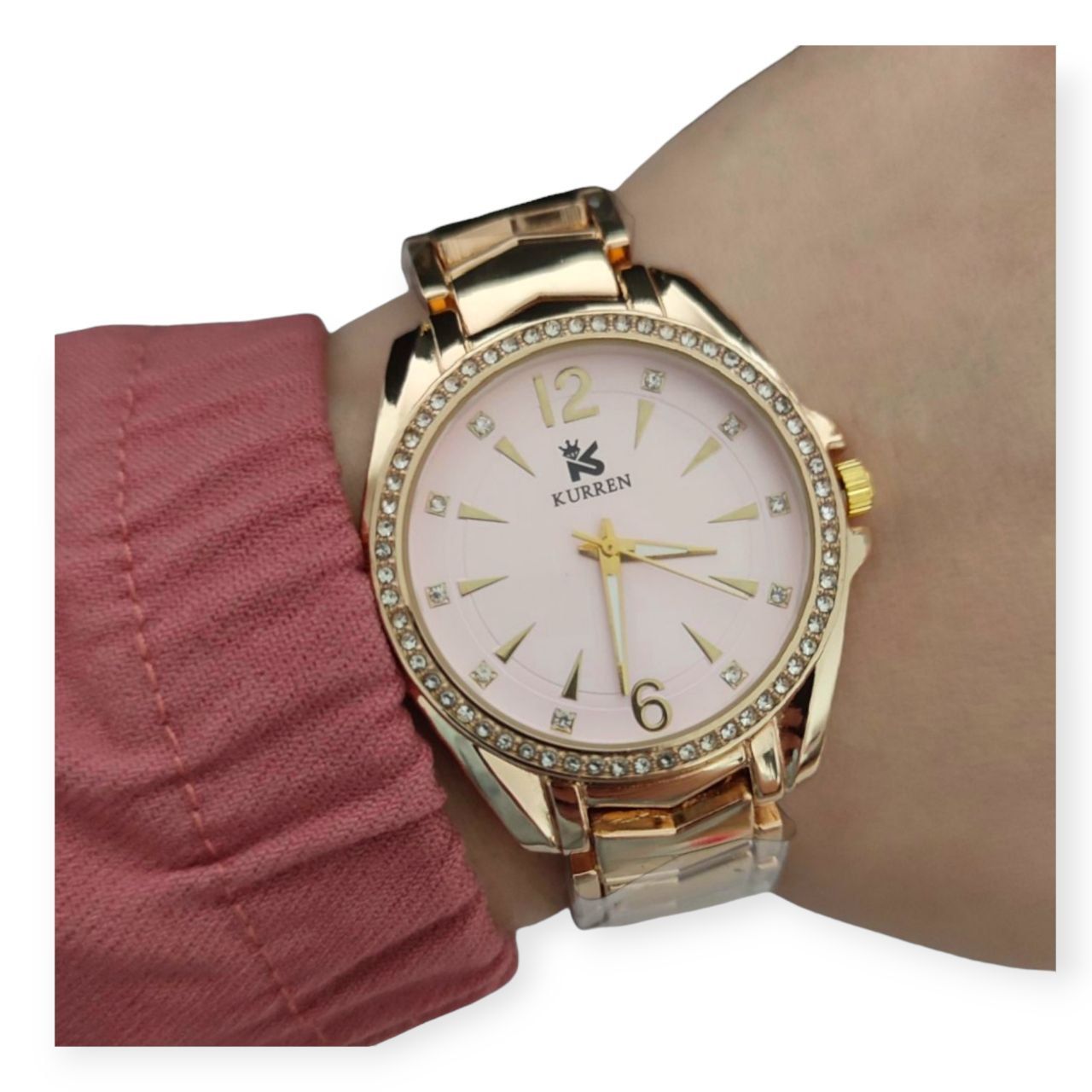 Zegarek damski na bransolecie złoty cyrkonie stylowy różowa tarcza