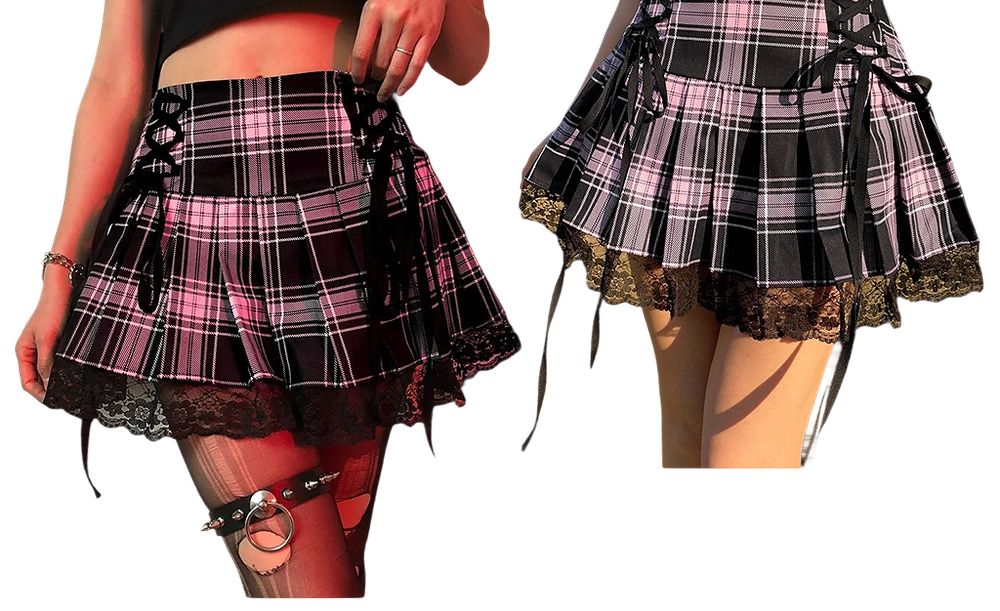 Stylowa plisowana spódniczka w kratkę z koronką rock punk emo goth - L