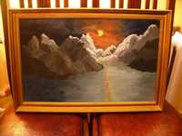 Obraz ręcznie malowany - góry morze śnieg zachód słońca