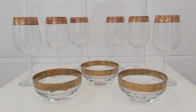 Conjunto 6 Copos + 3 taças de vidro com rebordo dourado