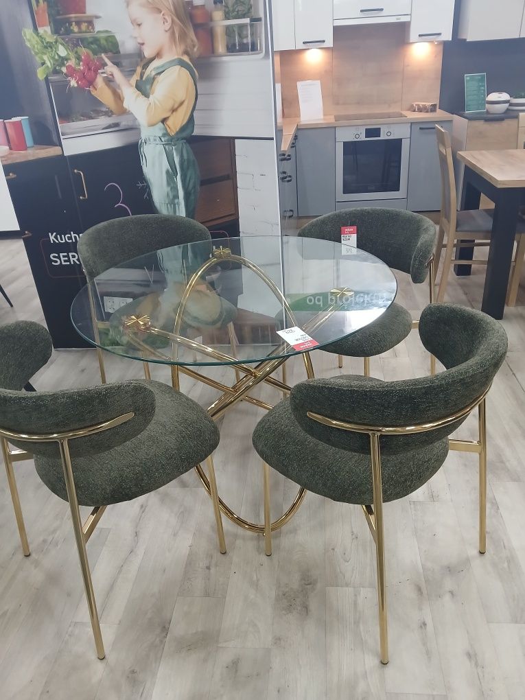 Stół okrągły że szklanym  blatem-stylu glamour+4 krzesła