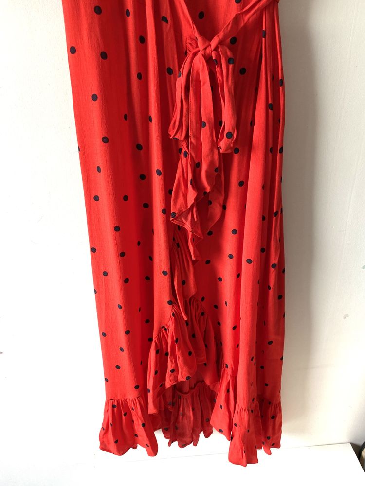 Nowa czerwona sukienka kopertowa grochy kropki falbany