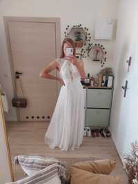 Przepiękna biała suknia ślubna plisowana z koronkowymi wstawkami L 40