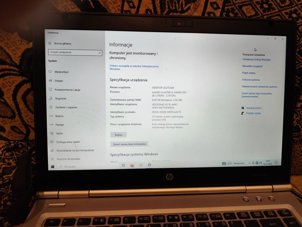 Laptop hp 8460p i5 2410m 2X 2.3ghz 10gb ram   180 gb dysk SSD