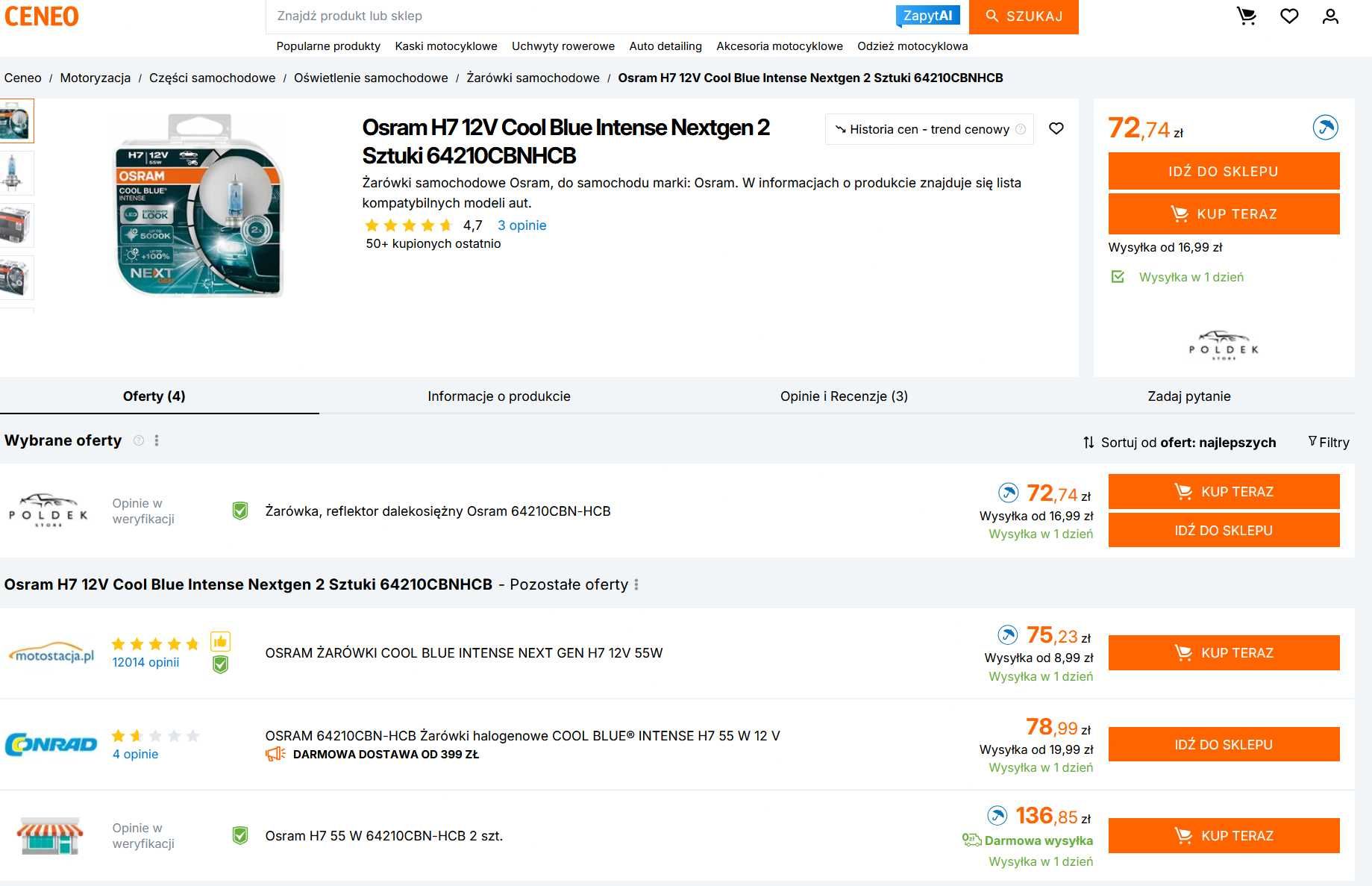 H7 Osram 12V Cool Blue Intense Nextgen 2 Sztuki 64210CBNHCB żarówki 2x