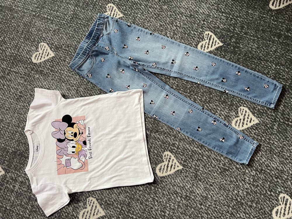 Zestaw nowe jegginsy ( minnie, mickey)+ bluzeczka rozm.128