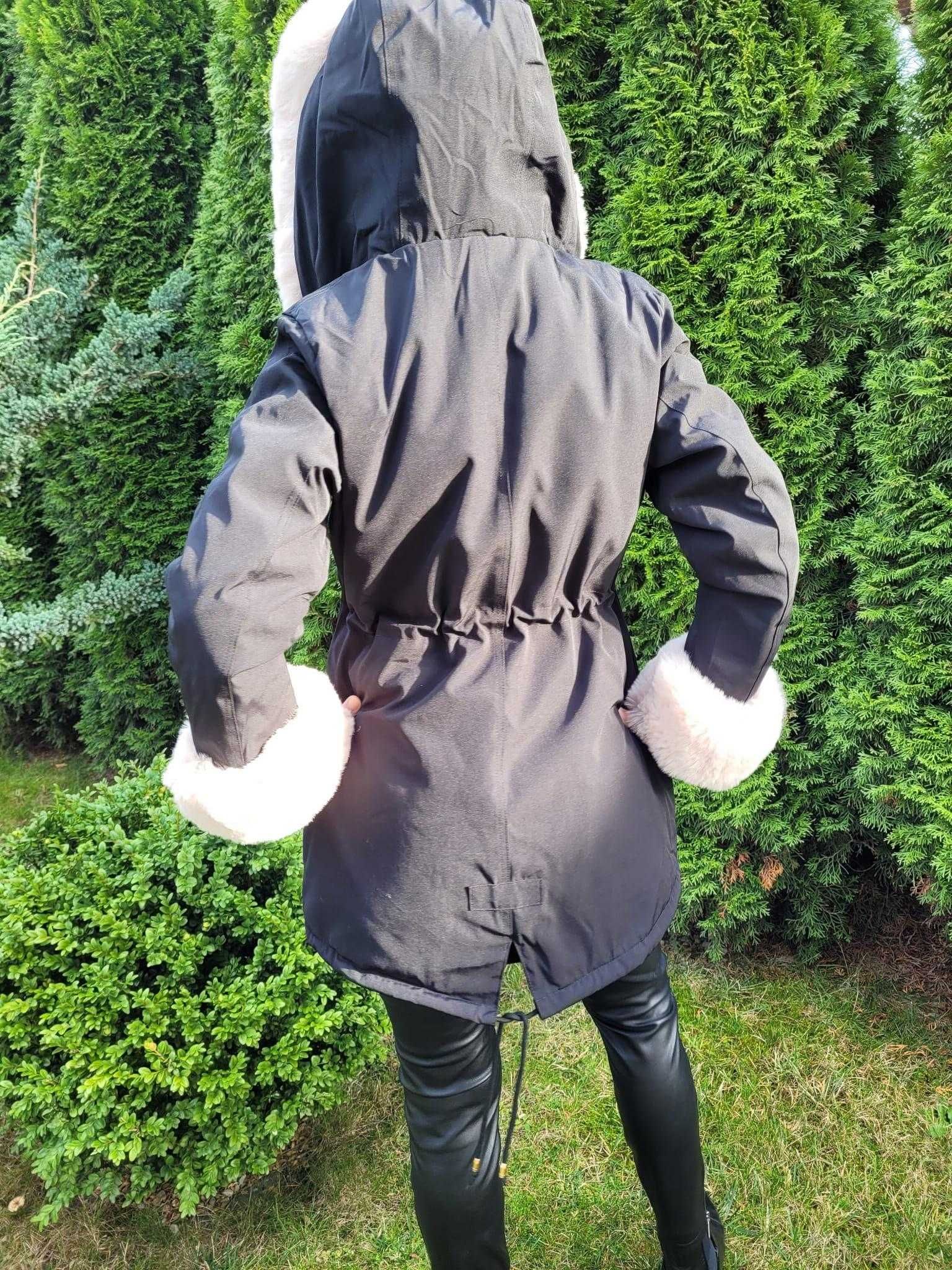 Czarna zimowa kurtka parka damska z futerkiem i kapturem nowa M-2XL