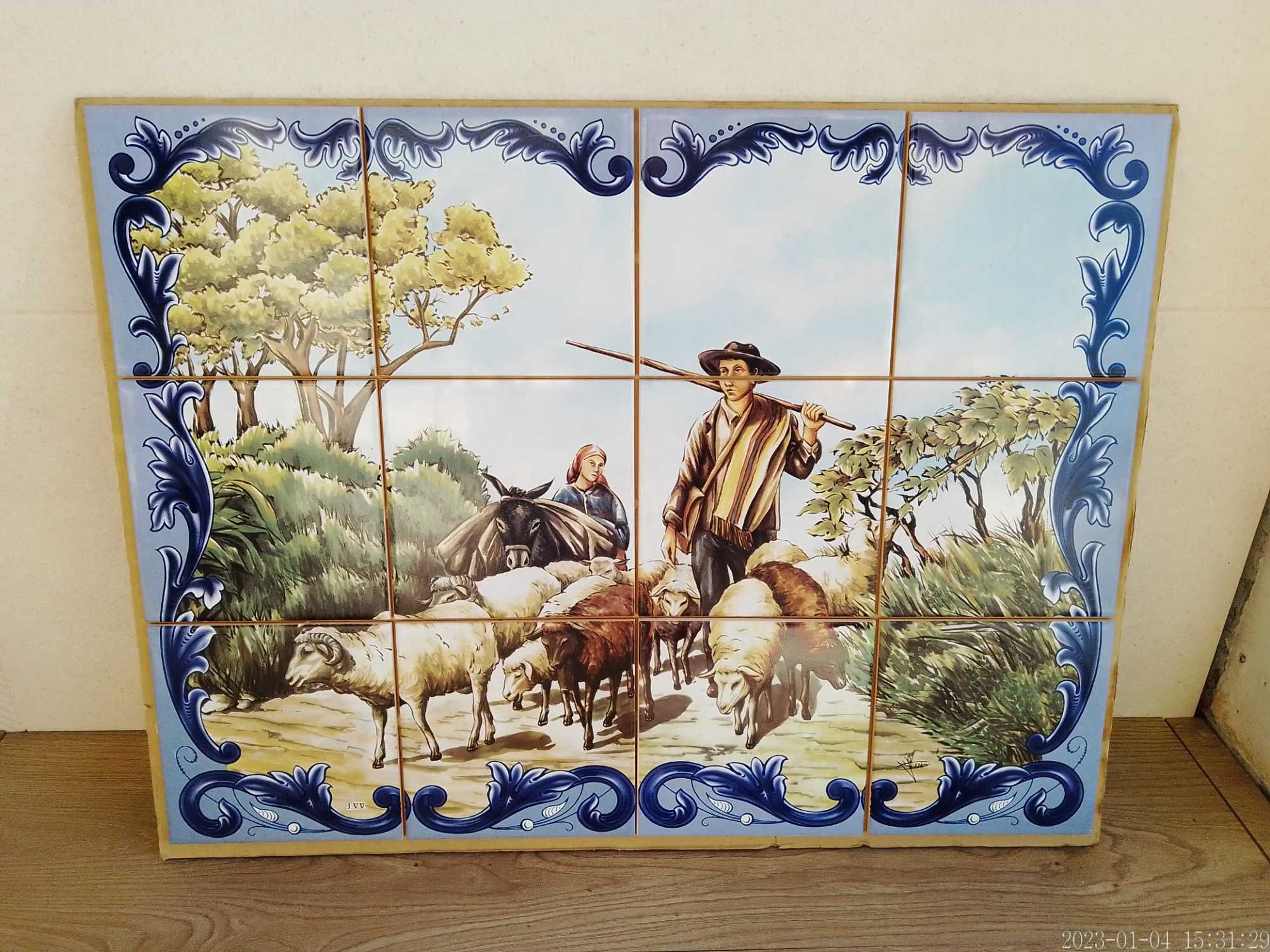 Painel de Azulejos PASTOR Rebanho de Ovelhas Paisagens Rurais 60x45 cm