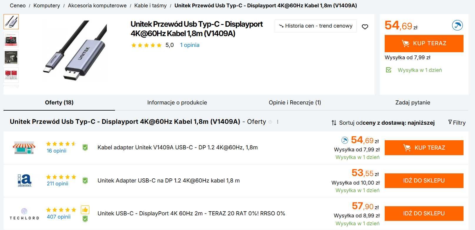 Przewód Unitek - USB-C do DisplayPort 4K 60Hz HDCP 2.2 (2 metry) nowy