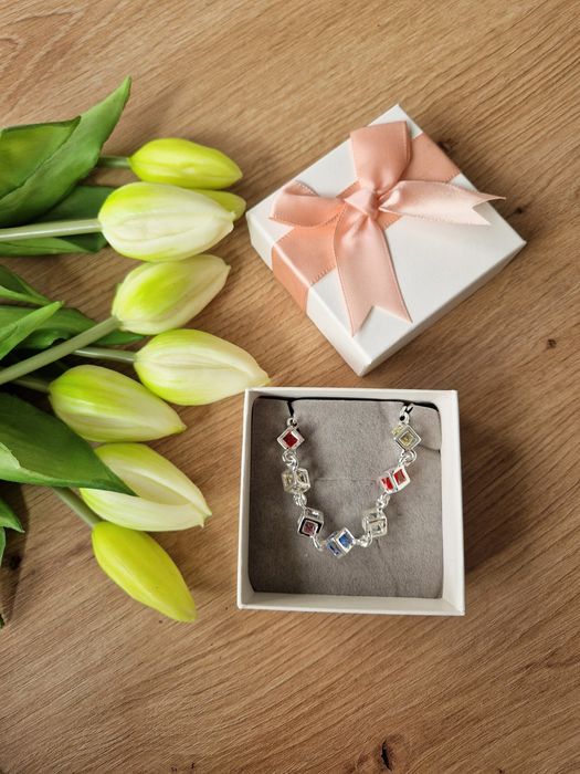 Bransoletka 925 srebrna posrebrzana kolorowe kostki nowa na prezent